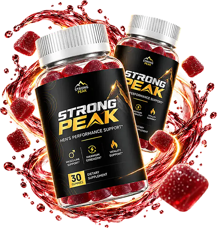 Two Strong Peak gummy bottles with red gummies